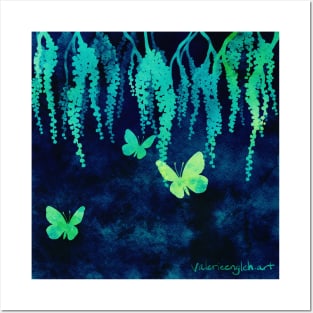 Wisteria and Butterflies Negative Painting Blue and Green Posters and Art